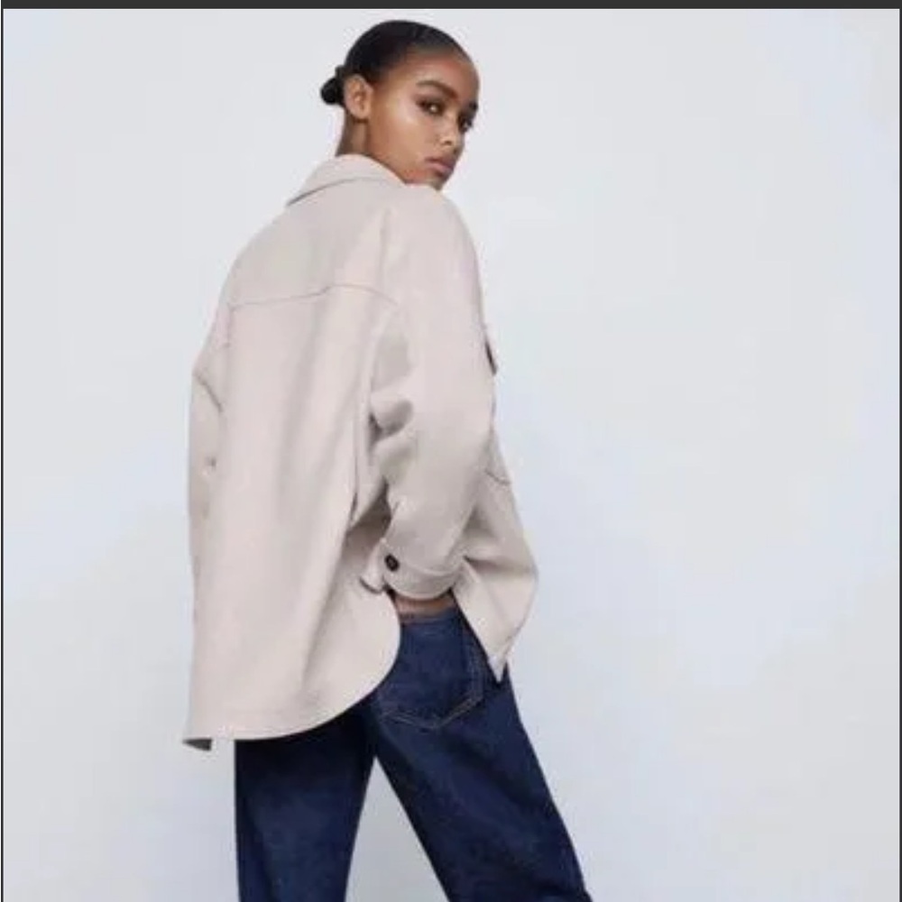 ZARA Oversized Jacket Beige Button Front Long Sleeve Shacket Women XL - Picture 2 of 10